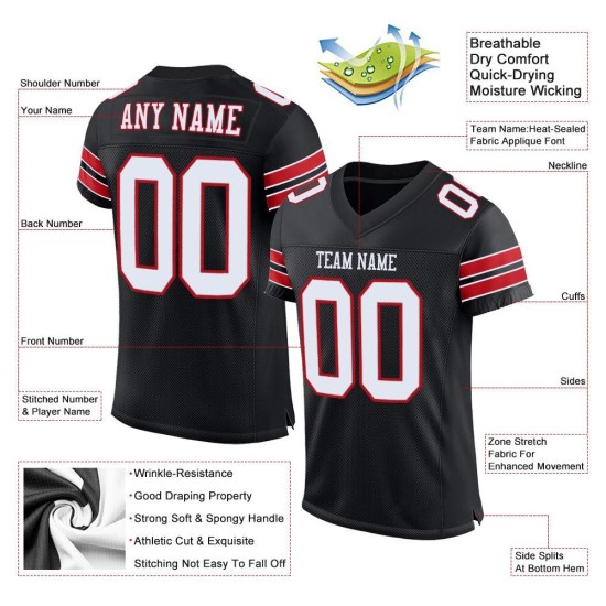 Custom Black White-Red Mesh Authentic Football Jersey