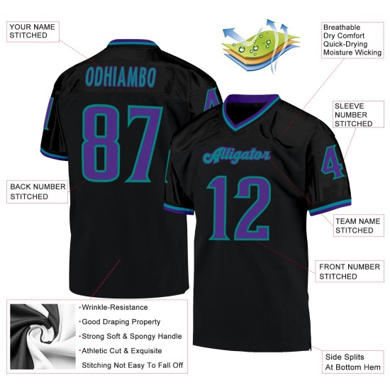 Custom Black Purple-Aqua Mesh Authentic Throwback Football Jersey