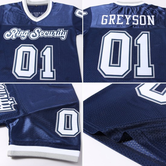 Custom Navy White-Gray Mesh Authentic Throwback Football Jersey