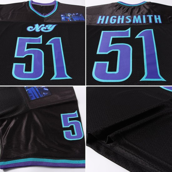 Custom Black Purple-Aqua Mesh Authentic Throwback Football Jersey